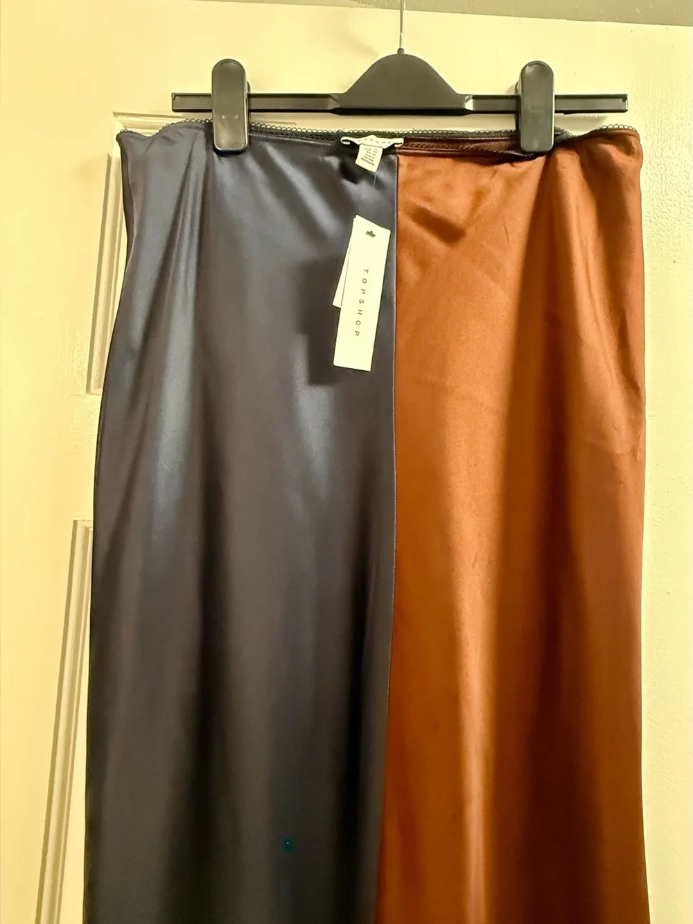 NWT Fun Topshop Two-Tone Satin Midi Skirt - Navy Blue & Rust Brown, Sz 10